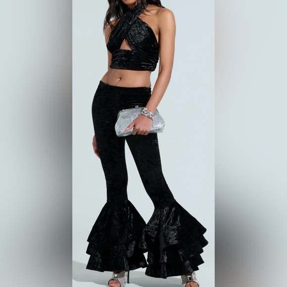 AKIRA Pants - NWT Akira crush velvet Black Ruffle Flare Pants and matching halter top size L